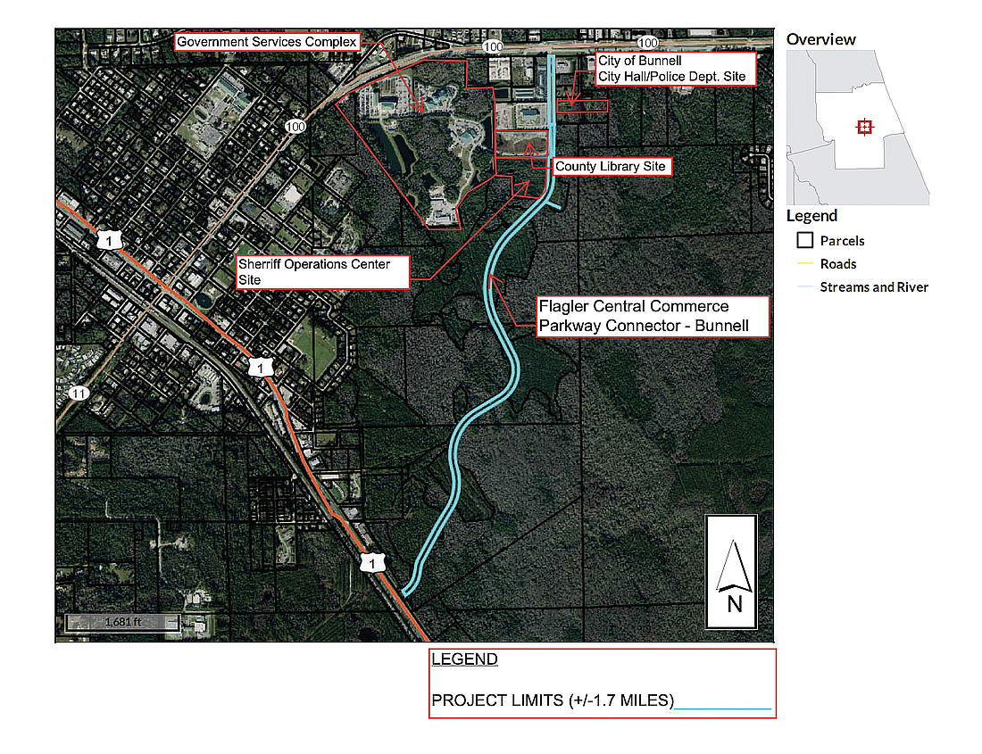 The proposed path for the expanded Commerce Parkway, connecting S.R. 100 and Highway U.S. 1. Image from County Commission meeting documents.