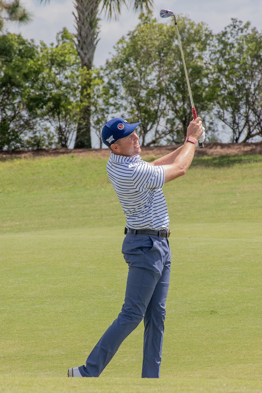 Bo Hoag takes his second shot on the No. 18 hole at Lakewood National. Hoag shot three under par in round one of the 2023 LECOM Suncoast Classic.