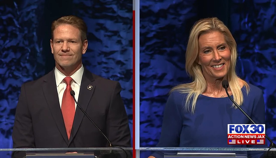 Jacksonville mayoral candidates Daniel Davis and Donna Deegan debate April 20 at the University of North Florida.