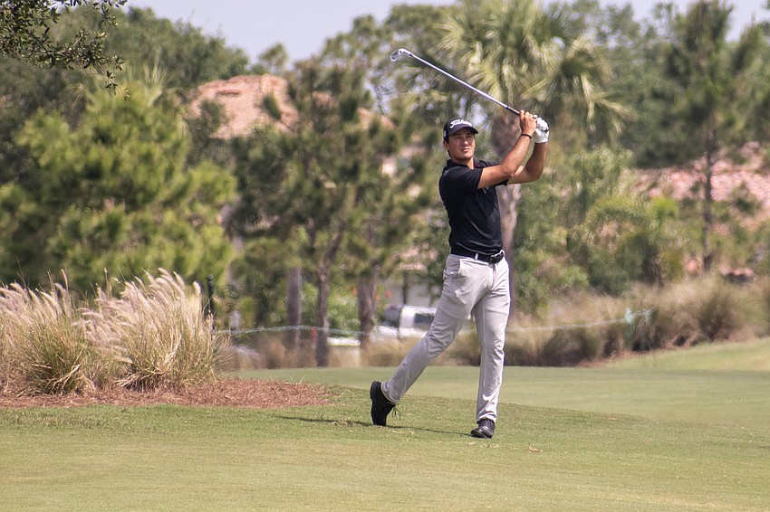 Martin Contini hits his second shot on the No. 18 hole at Lakewood National. Contini shot one over par (72) during the second round of the 2023 LECOM Suncoast Classic and is three over par overall.
