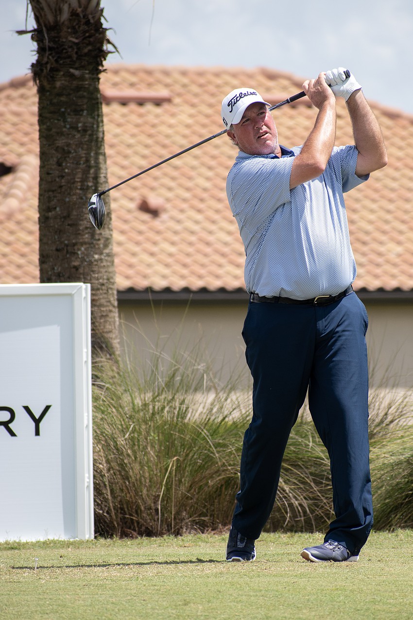 Boo Weekley hits his tee shot on the No. 18 hole at Lakewood National. Weekley shot five under par in round two of the 2023 LECOM Suncoast Classic and is six under par for the tournament.