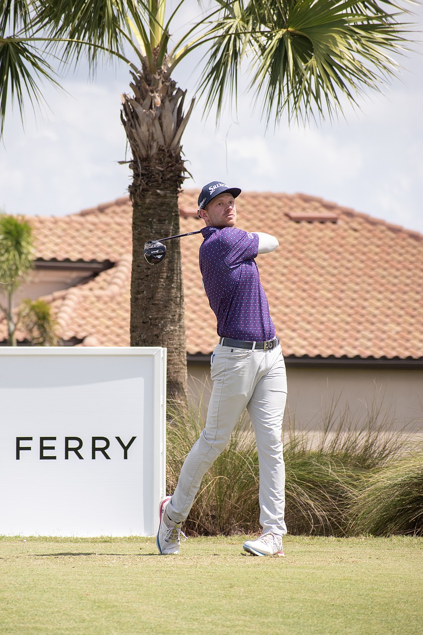 Jared Wolfe hits his tee shot on the No. 18 hole at Lakewood National. Wolfe finished round two of the 2023 LECOM Suncoast Classic at three under par and is nine under par for the tournament.