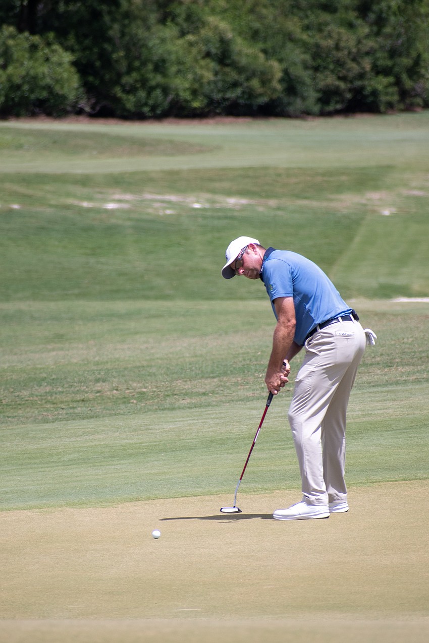 Dan McCarthy putts for par on the No. 17 hole at Lakewood National. McCarthy shot even par during round two of the 2023 LECOM Suncoast Classic and is three under par for the tournament.