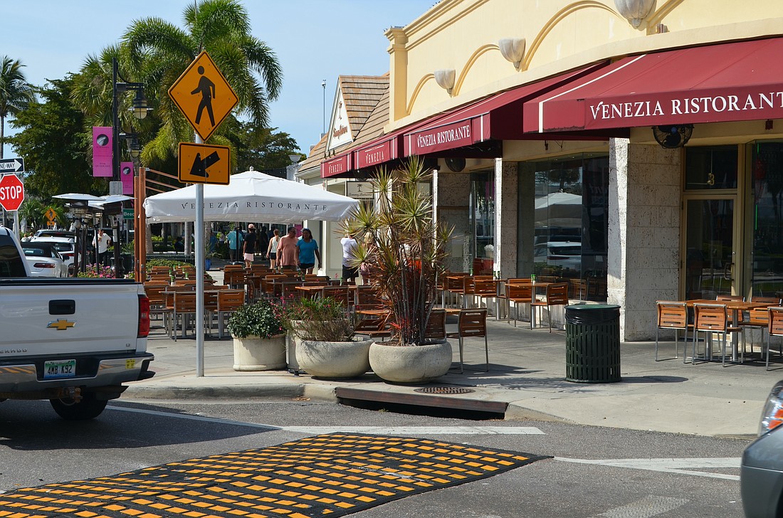 Speed tables are currently used at crosswalks at St. Armands Circle. A complete street project would include enhanced pedestrian safety features.