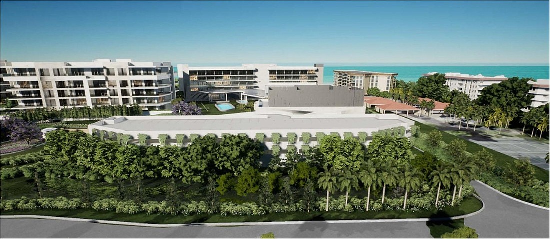 Rendering of planned parking garage at St. Regis with landscaping.