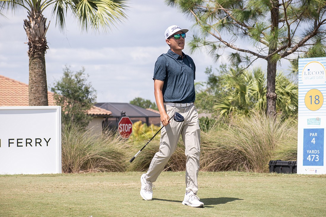 Alex Chiarella walks down the No. 18 hole at Lakewood National after his tee shot. Chiarella shot 3 under par in round three of the 2023 LECOM Suncoast Classic and is 12 under par for the tournament.