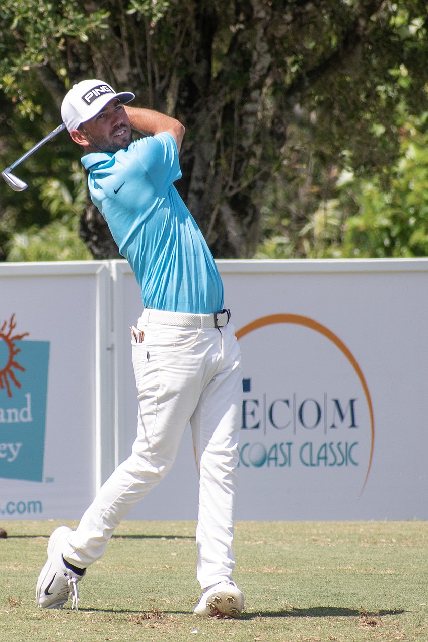 Chandler Phillips hits his tee shot on the No. 17 hole at Lakewood National. Phillips shot 1 over par in round three of the 2023 LECOM Suncoast Classic and is 9 under par for the tournament.