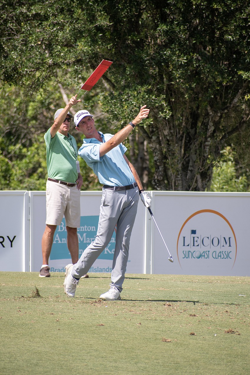 Carter Jenkins wills his tee shot on the No. 17 hole at Lakewood National to veer to his left. Jenkins shot 1 under par in round three of the 2023 LECOM Suncoast Classic and is 11 under par for the tournament.