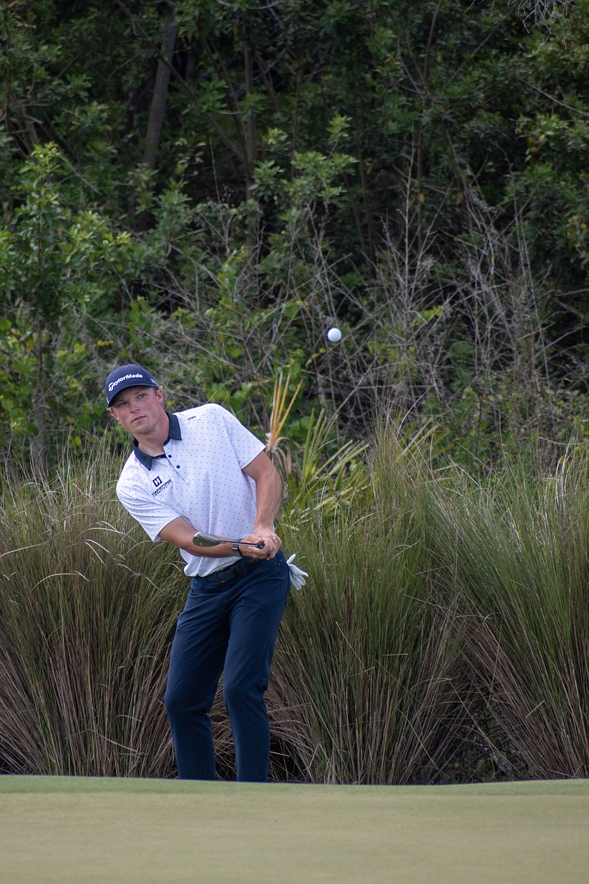 Frankie Capan III hits his third shot on the No. 16 hole at Lakewood National. Capan III shot 1 under par in round three of the 2023 LECOM Suncoast Classic and is 12 under par for the tournament.