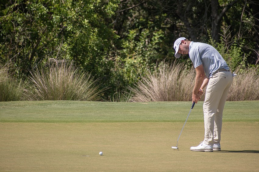 Bronson Burgoon putts for par on the No. 16 hole at Lakewood National. Burgoon shot 1 under par in round three of the 2023 LECOM Suncoast Classic and is 12 under par for the tournament.