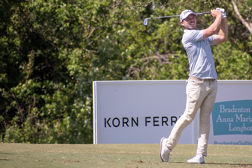 Bronson Burgoon hits his tee shot on the No. 17 hole at Lakewood National. Burgoon shot 1 under par in round three of the 2023 LECOM Suncoast Classic and is 12 under par for the tournament.