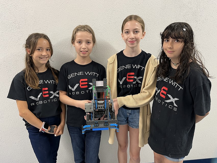 Gene Witt Elementary School's Exotic Animals team, fifth graders Brooklynn Coleman, Olivia Alvarado, Talula Perritt and Anna Grayam, are ready to compete at the VEX Robotics World Championships.