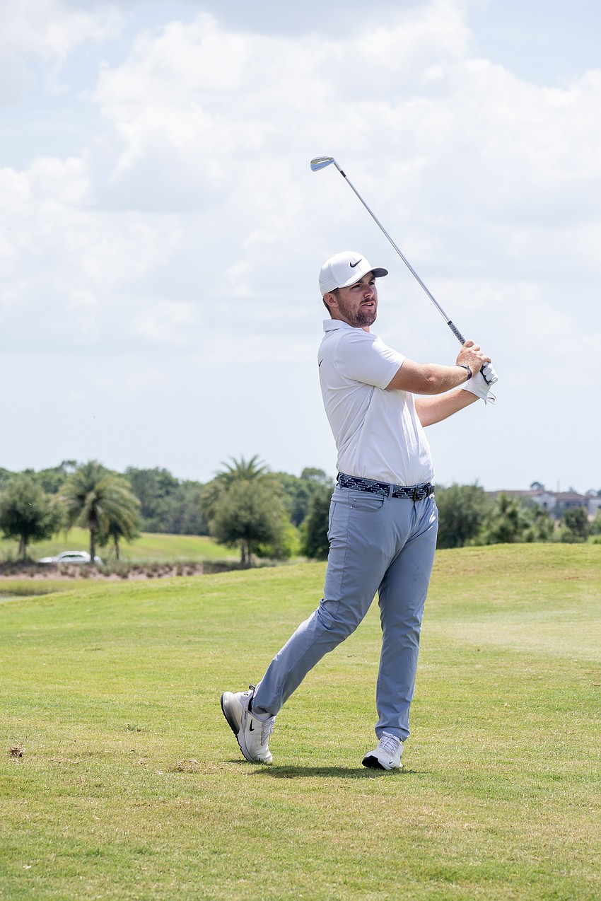 Chris Gotterup his his second shot on the No. 10 hole at Lakewood National. Gotterup would birdie the hole.