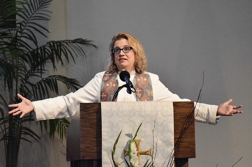 Rev. Deborah Allen, southwest district superintendent for the Florida Conference of the United Methodist Church, speaks at the morning service to commemorate the 75th anniversary, encouraging members to remember the church's foundation while looking to the future.