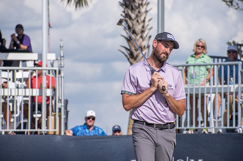 Chase Seiffert winces after missing a birdie putt on No. 18 at Lakewood National. The putt would have put Seiffert in a playoff with Scott Gutschewski and Logan McAllister.