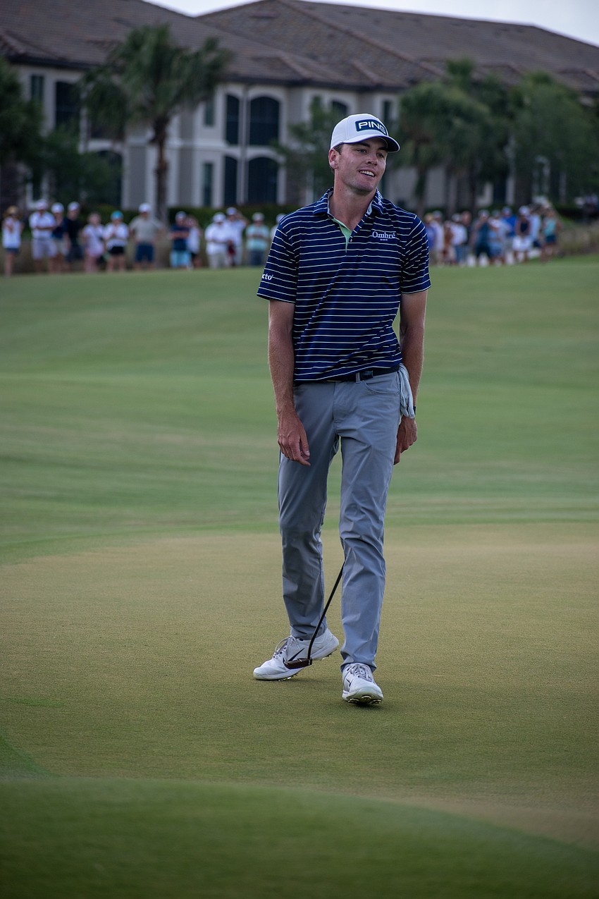 Logan McAllister frets after missing a birdie putt to extend the 2023 Suncoast Classic playoff.