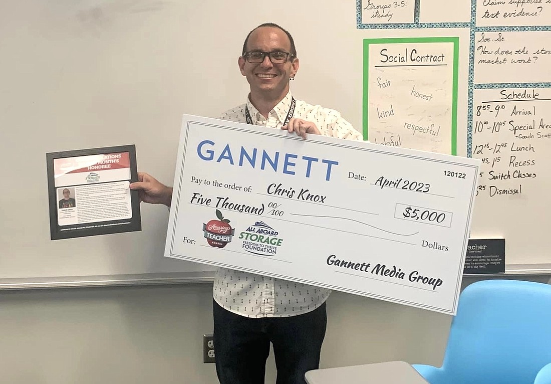 Old Kings Elementary School teacher Chris Knox received a $5,000 award as Gannett Media Group's National Amazing Teacher for April.