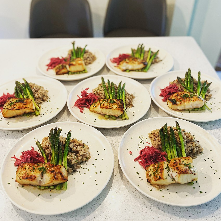 Chef Wu's 36-hour miso-marinated local grouper served with a shitake mushroom risotto, roasted asparagus and pickled red cabbage.