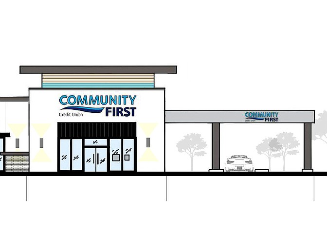 A drawing of the Community First Credit Union building under development at northwest Beach and University boulevards.