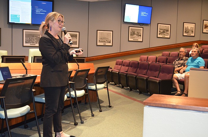 Mary Davis Wallace speaks to supporters during Wednesday's unveiling of the draft Public Art Plan 2030.