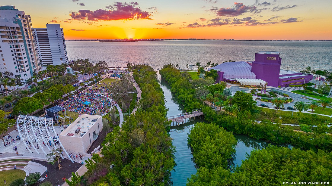 An aerial shot of The Bay shows its position alongside Sarasota’s iconic bayfront.