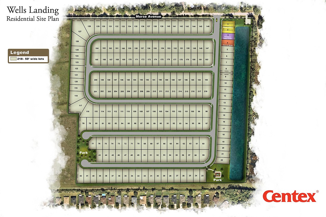 A site plan for Wells Landing, a community of 218 one- and two-story single-family homes under development about 5 miles west of Naval Air Station Jacksonville.