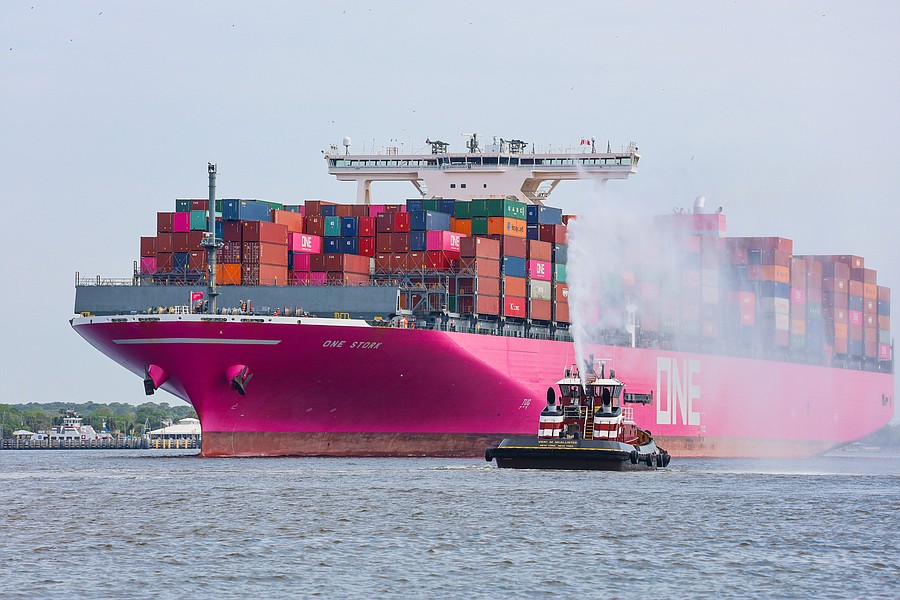 Pink container ship docks at JAXPORT