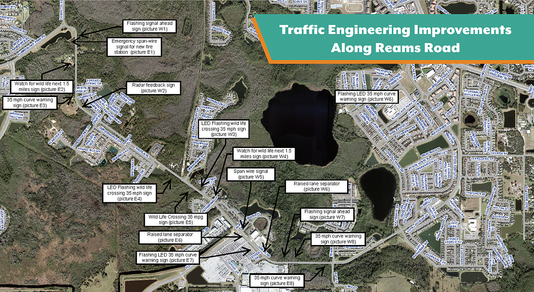 This image shows the multitude of traffic engineering improvements added to Reams Road in the past few years.