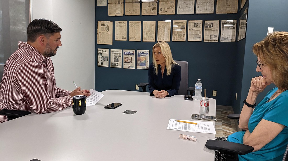 Jacksonville mayoral candidate Donna Deegan meets with Jacksonville Daily Record Associate Editor Mike Mendenhall and Editor Karen Brune Mathis on May 11 at the publication's Downtown offices.