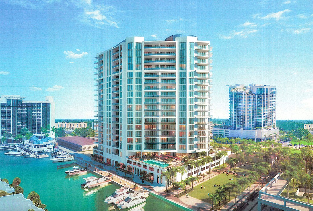A rendering of the proposed second Ritz-Carlton Residences tower along the boat basin in The Quay.