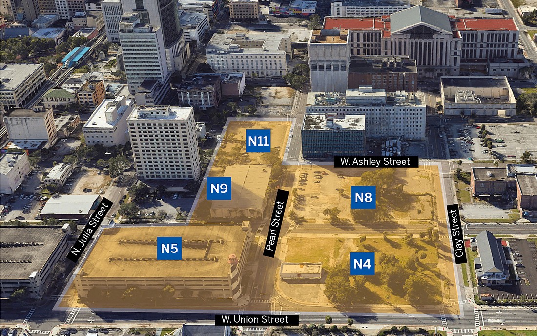 Conceptual plans for the five-block Block N area north of the Duval County Courthouse include residential, retail, office, parking and a grocery store.
