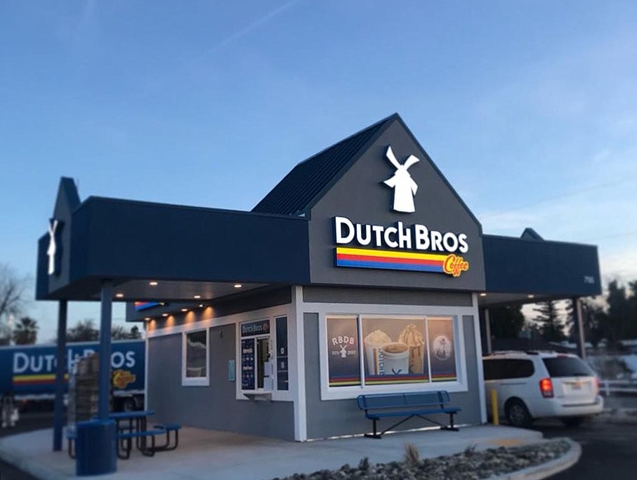 A Dutch Bros Coffee kiosk. The chain offers cold brew, chai, hot coffees, energy drinks, teas, lemonades, smoothies and its signature Dutch sodas. It also sells some food items.