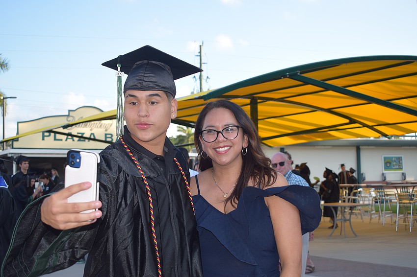 Lakewood Ranch High School's Diego Freyre takes a selfie with English for Speakers of Other Languages teacher Avelina Besse.