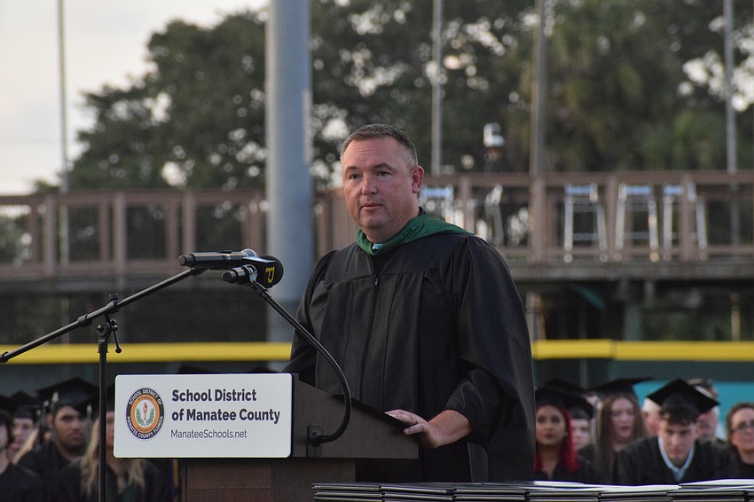 Dustin Dahlquist, the principal of Lakewood Ranch High School, welcomes families and friends to the Class of 2023's graduation.