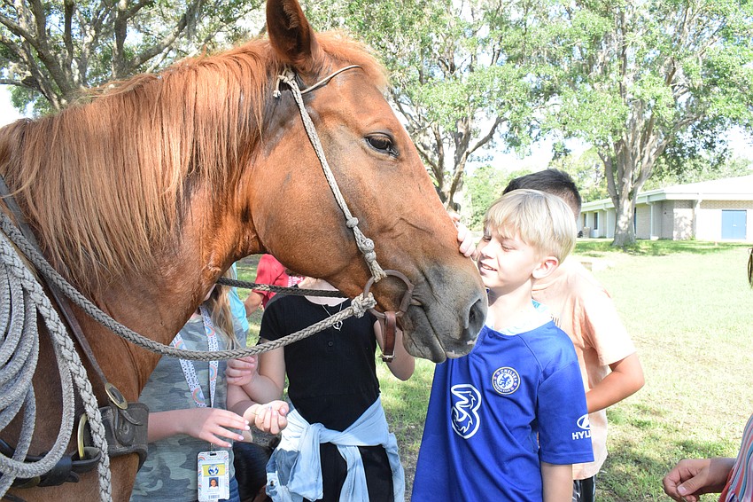 Gene Witt Elementary School fourth grader Michael Kildow shows love to Lizzie, a horse.