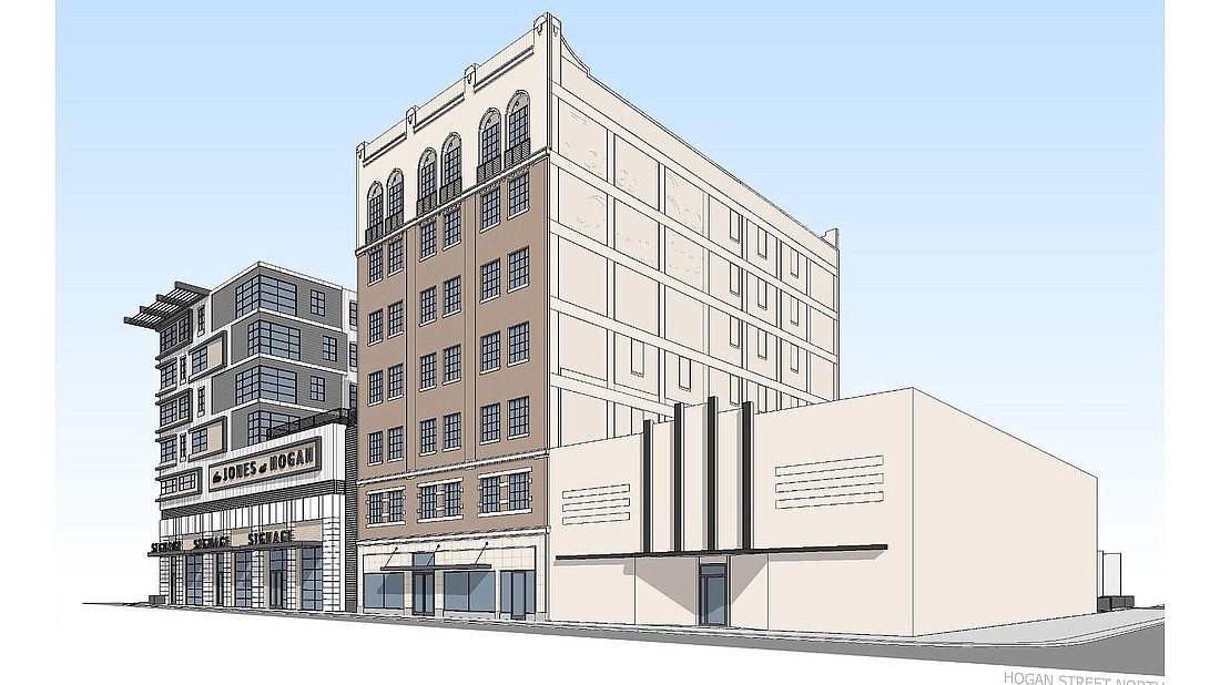 Corner Lot Development Group plans to renovate the Jones Bros. Furniture Co. building at 520 N. Hogan St. near City Hall. The development shown at left could come later.