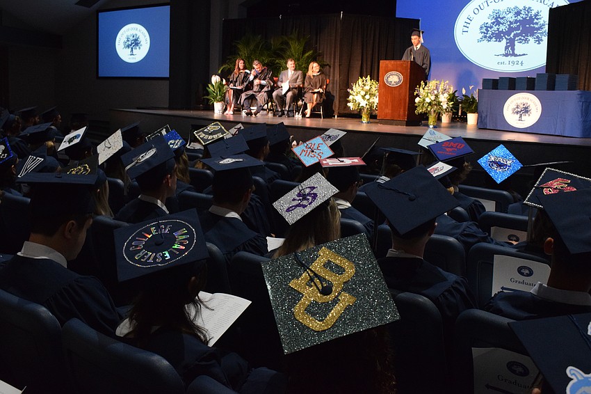 Graduates from Out-of-Door Academy's Class of 2023 will enroll in 53 colleges and universities across the country, some of which are shown on their caps.