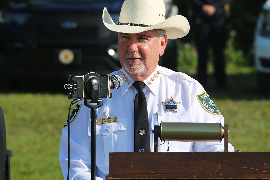 Flagler County Sheriff Rick Staly speaks during the 2023 Law Enforcement Memorial on Friday, May 19, at Daytona Memorial Park. Photo by Jarleene Almenas