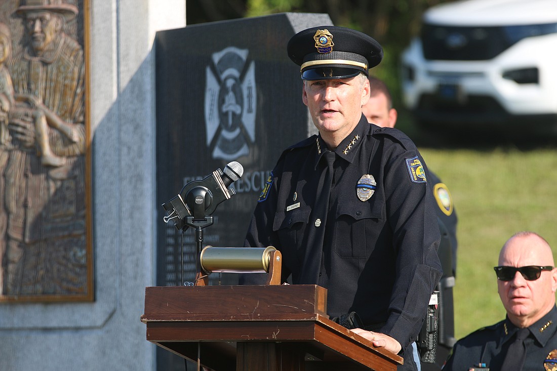 Ormond Beach Police Chief Jesse Godfrey speaks during the 2023 Law Enforcement Memorial on Friday, May 19, at Daytona Memorial Park. Photo by Jarleene Almenas