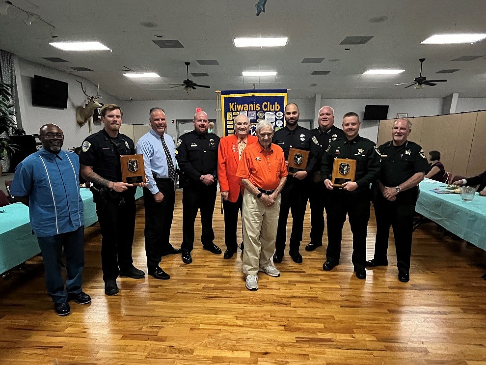 The Flagler Palm Coast Kiwanis Club recognized FCSO Major Case Detective Adam Gossett, BPD officer Alton Ogden and FBPD officer Dylan Coffman as 2023 Law Enforcement Officers of the Year. Photo courtesy of the FCSO.