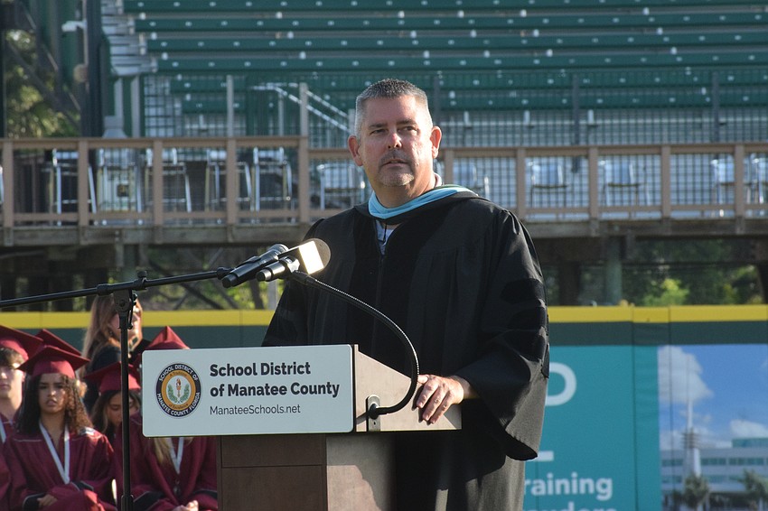 Braden River High School Principal Carl Auckerman welcomes families and friends.
