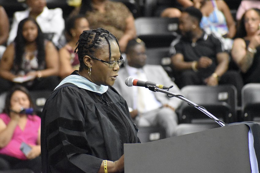 Principal Dr. Rachel Shelley speaks at the ceremony.