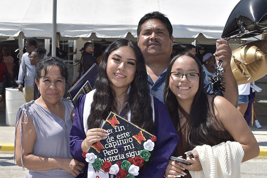 Maribel Rodriguez, commencement speaker Ivana Rodriguez, Abraham Cabral, and Erica Avalos