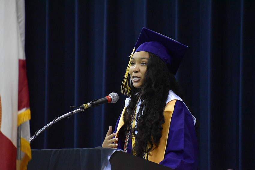 Nora Mitchell delivers a commencement speech.