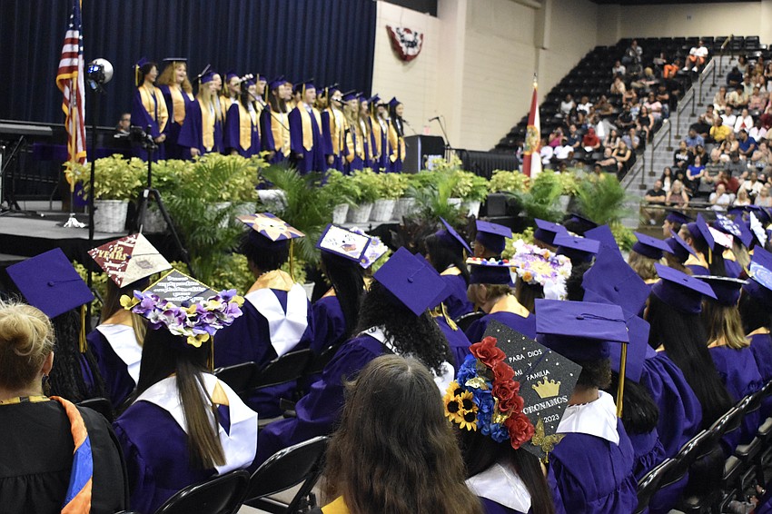 Students decorated their caps for the graduation ceremony.