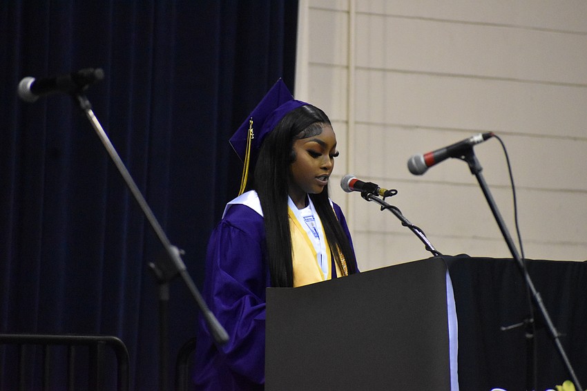 Leah Dubose delivers a commencement speech.