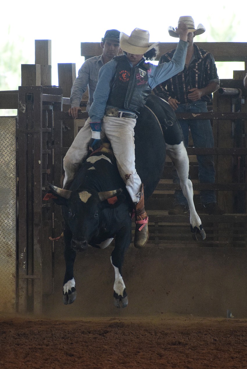 Elijah Gore holds on as a bull tries to buck him off.