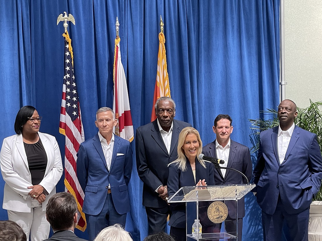 Jacksonville Mayor-elect Donna Deegan announces her transition team May 25 at City Hall. From left, Lakesha Burton; Kevin Gay; Nat Glover; David Miller and Darnell Smith. Not attending is John Delaney.