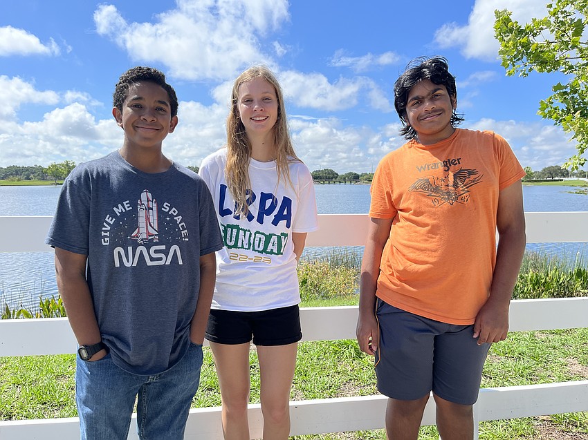 Lakewood Ranch Preparatory Academy freshmen Elijah Commissiong, Molly Reichenbach and Krish Gilla have fun at Freshmen Fun Day.