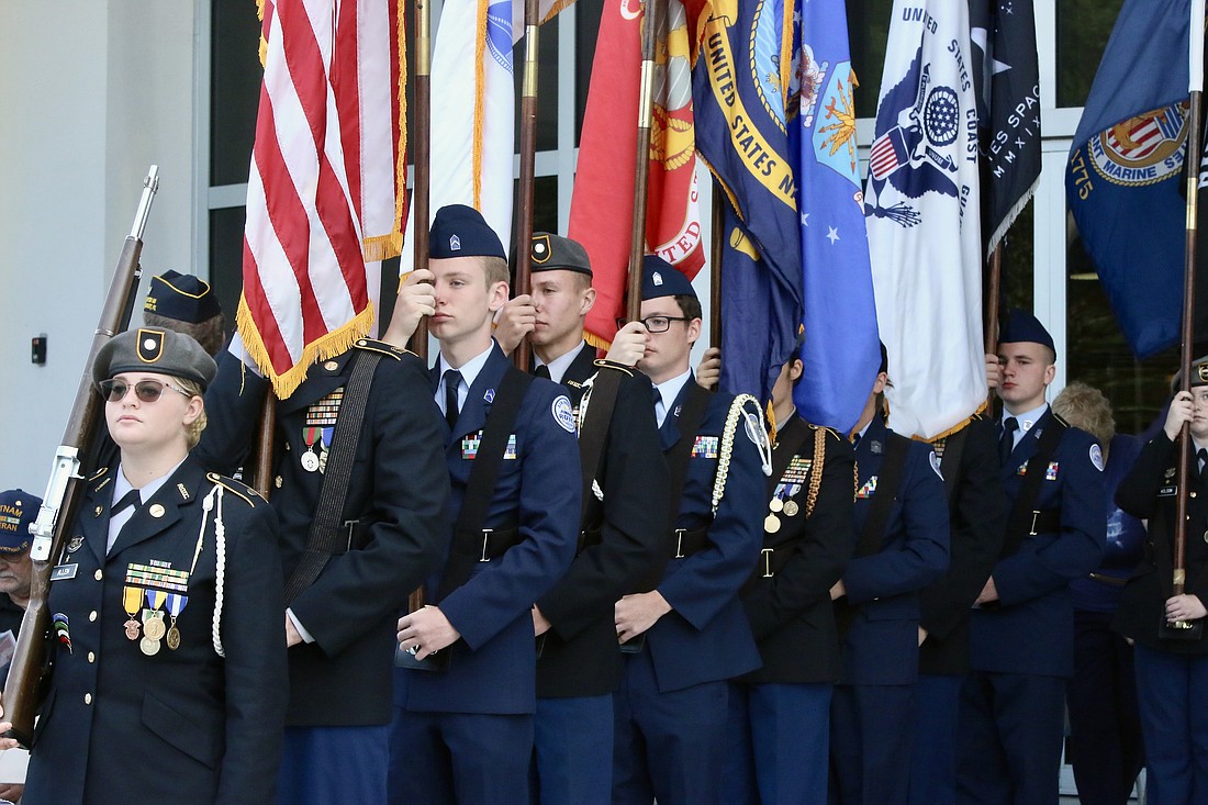 Arabella Allen, second lieutenant in Matanzas High school's JROTC program, leads her fellow cadets in presenting the colors at the county's Memorial Day Ceremony. Photo by Sierra Williams.